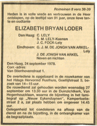 Overlijdensbericht E.B. Loder 1978